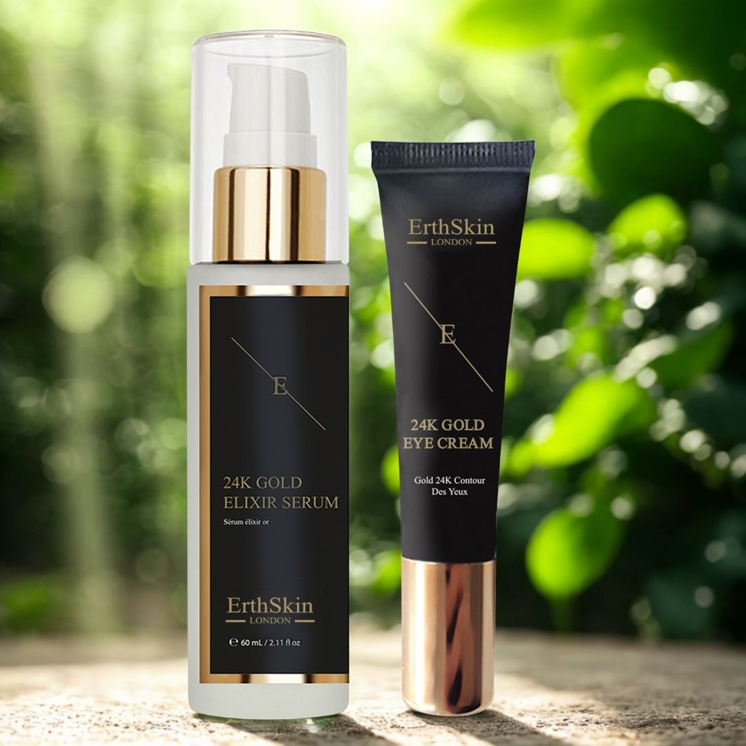 Serum- en oogcrème set. Fles met pomp en tube. Zwarte etiketten met gouden tekst. Merk: ErthSkin London. Groene achtergrond.