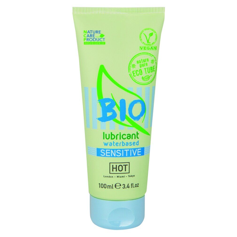 BIO Sensitive glijmiddel, waterbasis, 100ml tube. Blad- en golfpatroon.