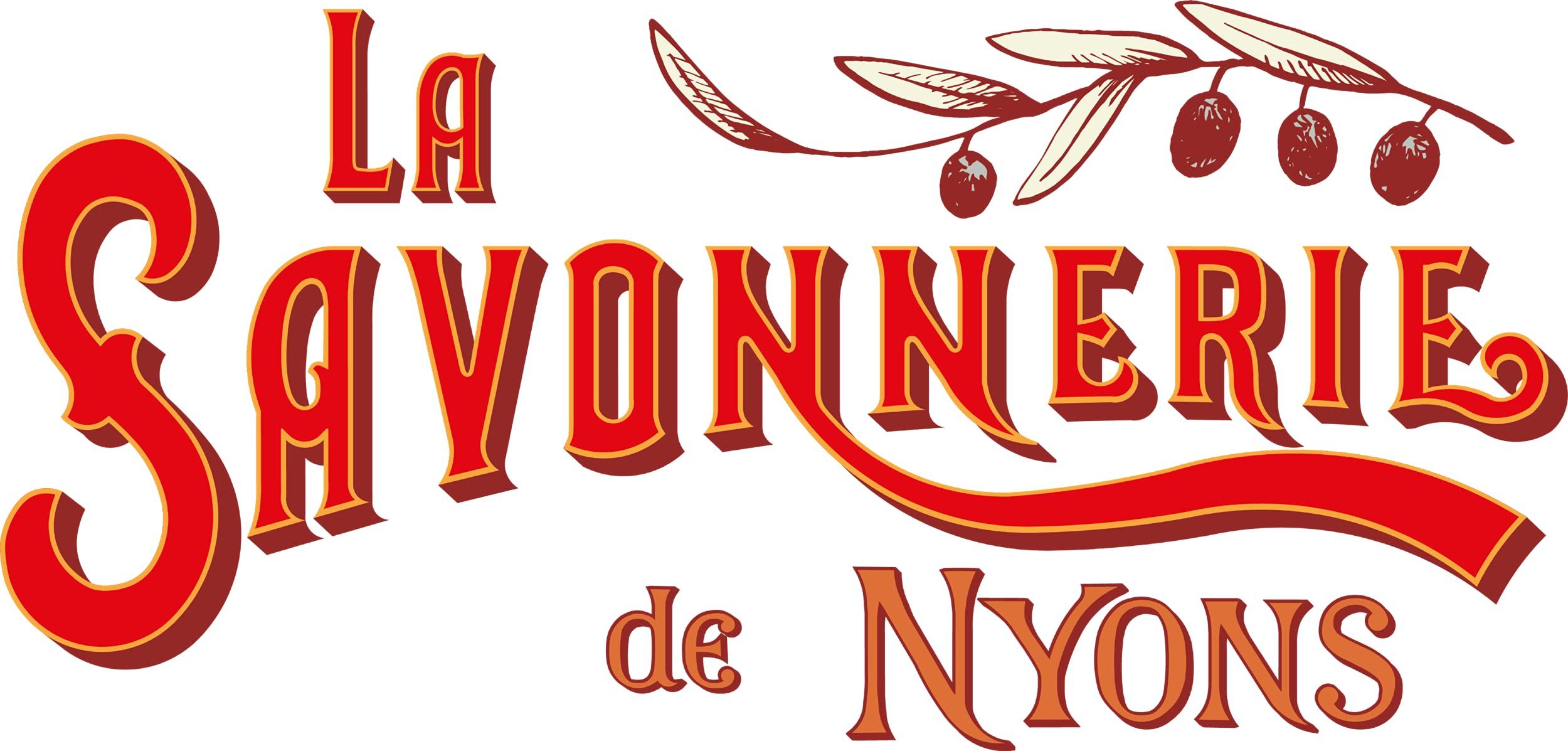 Logo "La Savonnerie de Nyons" en rouge et or. Avec illustration de branche d'olivier.