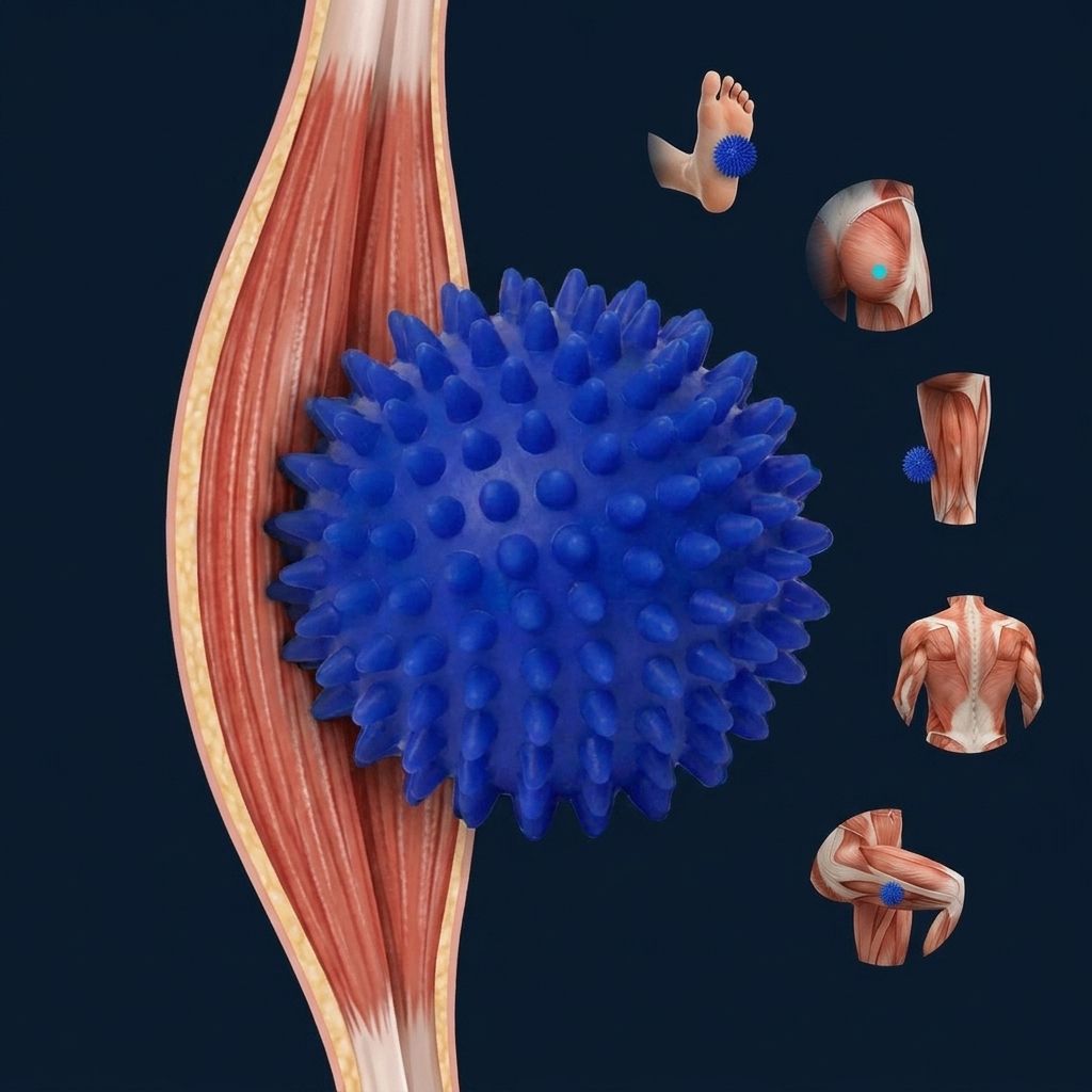 Balle de massage bleue à picots à côté d'un tissu musculaire, avec de petites illustrations anatomiques de zones corporelles.
