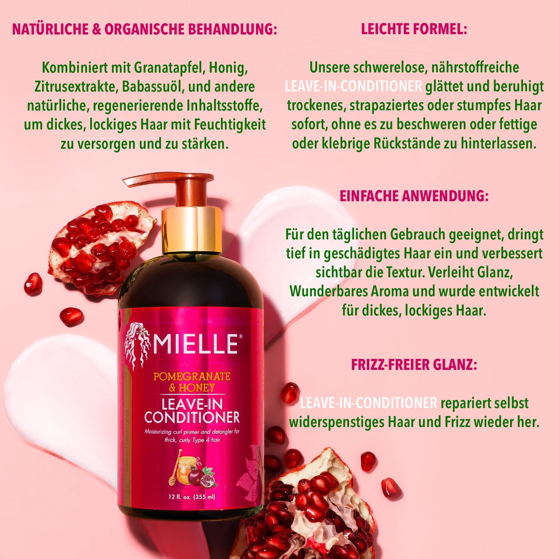 Une bouteille de revitalisant sans rinçage Mielle Organics avec grenade et miel. Fond rose avec grenade.