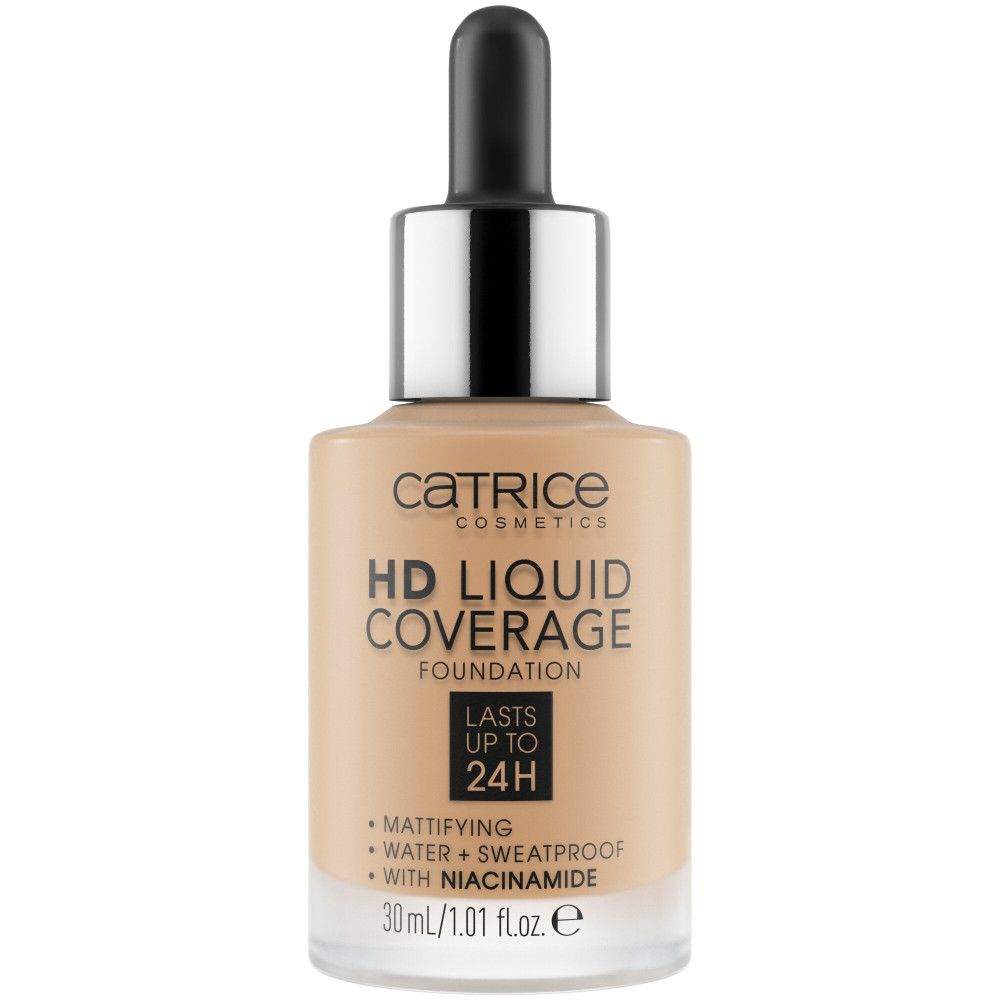 Catrice HD Liquid Coverage Foundation. Liquide beige en flacon de verre avec pipette. Matifiant, résistant à l'eau, avec niacinamide.