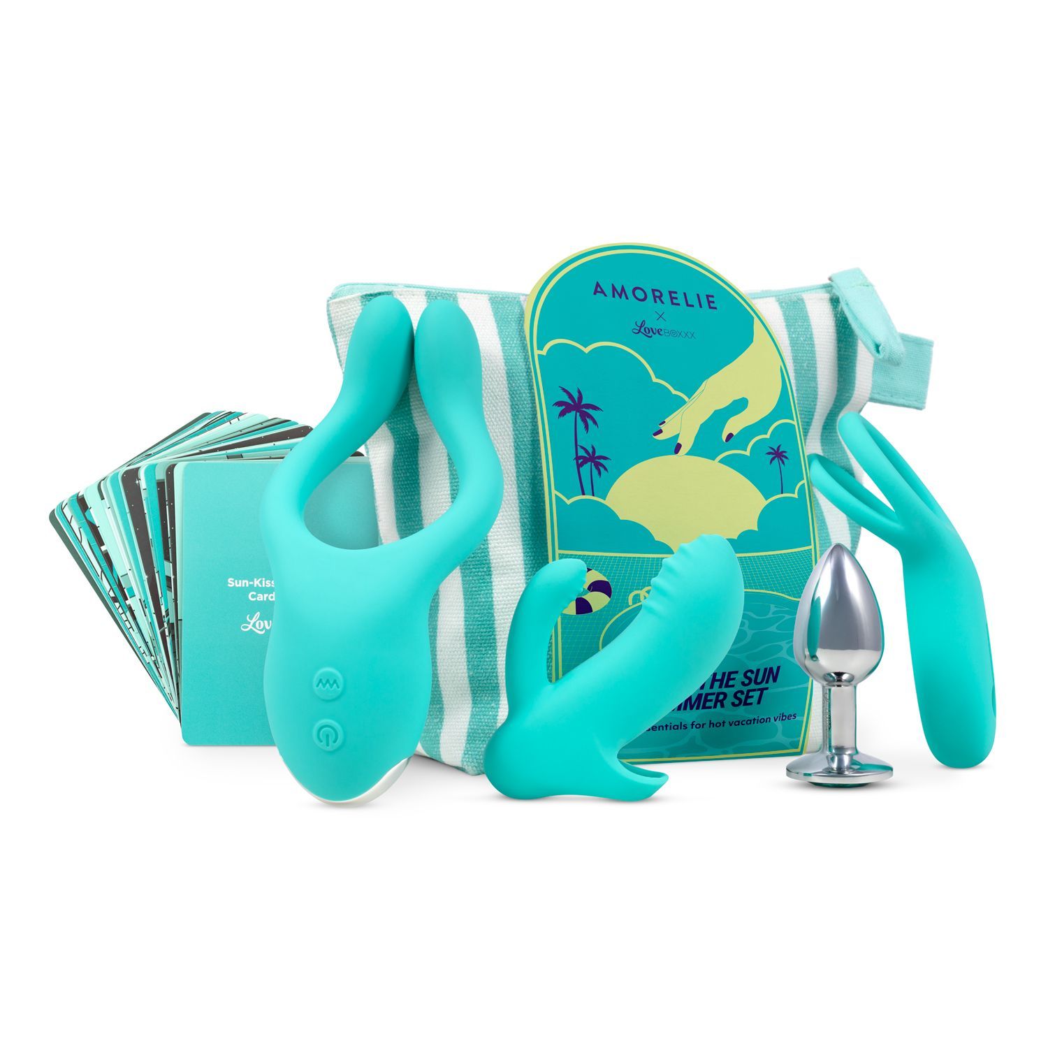 Set met verschillende turquoise seksspeeltjes, waaronder een dubbele vibrator, een anale plug en een vibrator. Met strandtas en kaarten.