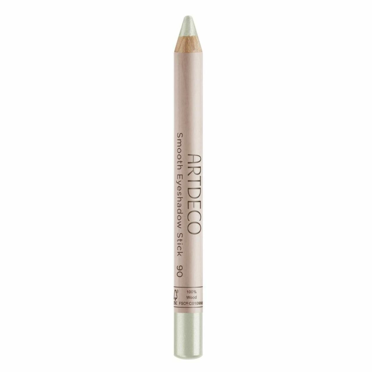 Artdeco Smooth Eyeshadow Stick 90. Lichtgroene potlood met zilveren punt. Opschrift: 100% Wood, FSC-C012345.
