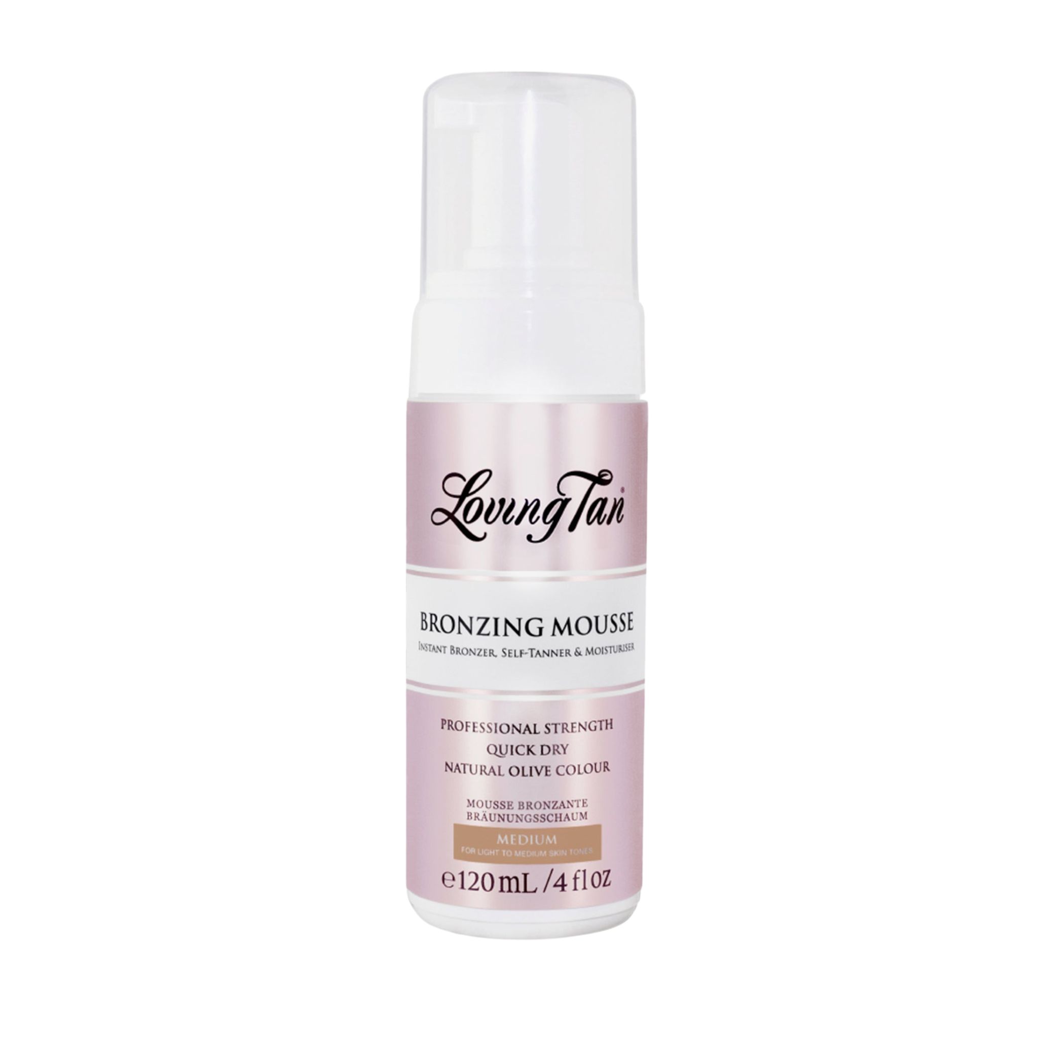 Witte fles met roze etiket. Opschrift: Loving Tan Bronzing Mousse. Bevat 120 ml.