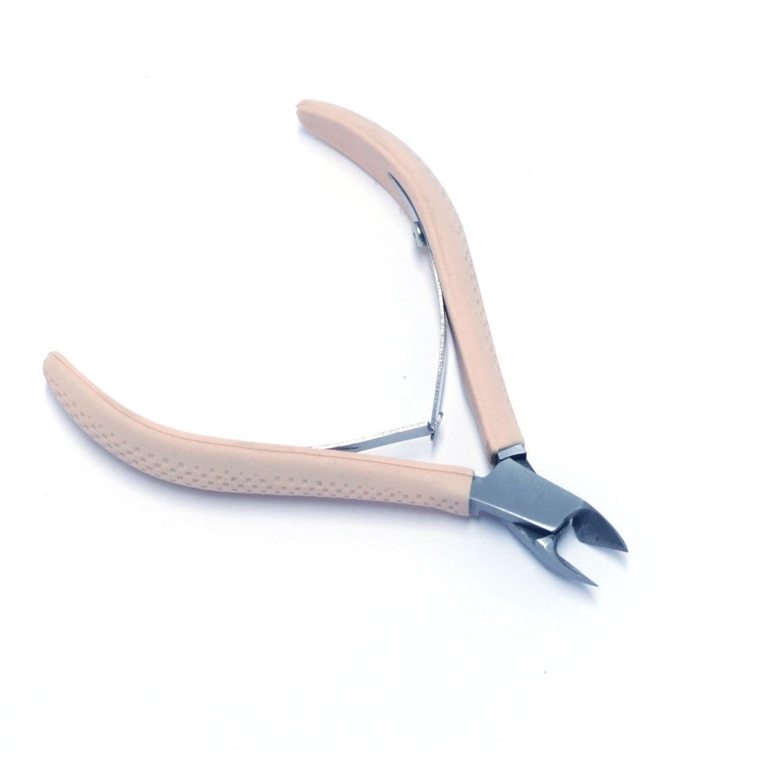 Pince à ongles avec poignées Soft-Grip beiges et lames argentées. Sur fond blanc.