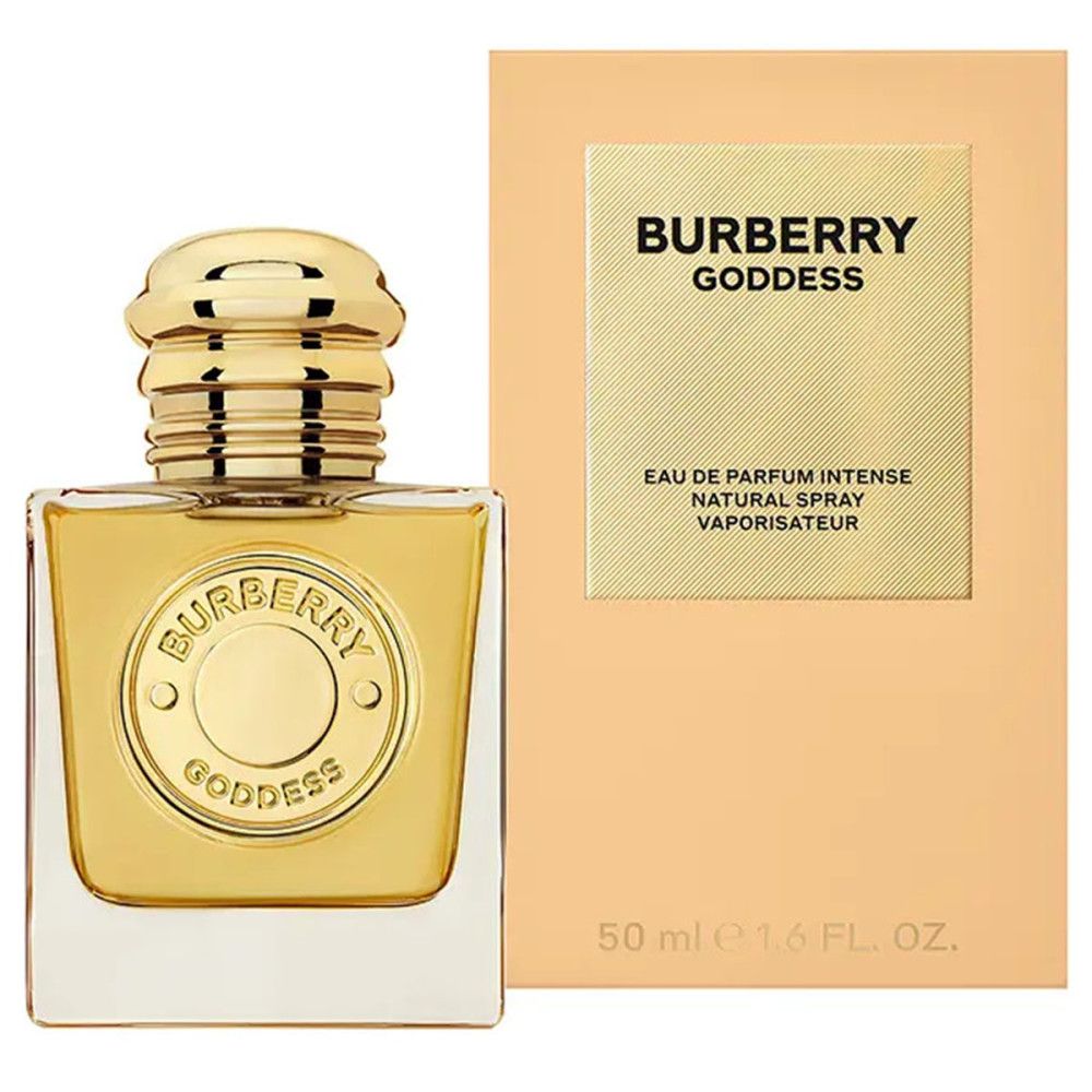 Flacon doré avec bouchon doré et étiquette. Boîte beige avec nom et détails du produit. 50 ml.