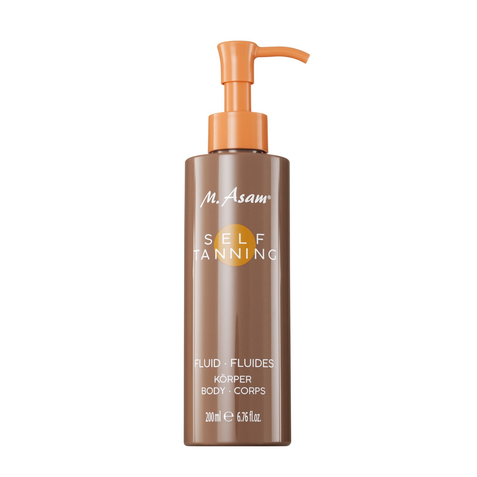 Flacon marron avec pompe. Inscription: Self Tanning, Fluid, Corps. 200 ml.
