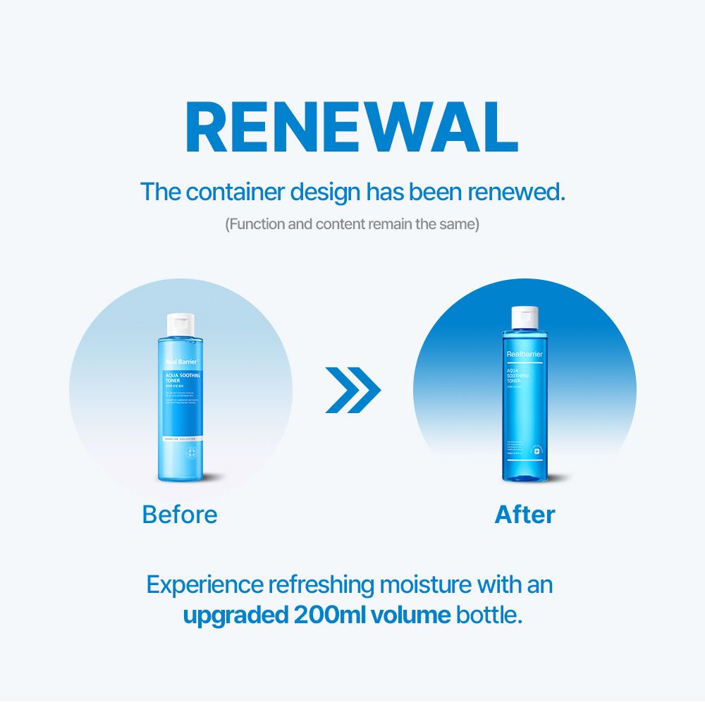 Voor-en-na vergelijking. Blauwe fles. Opschrift: Realbarrier, AQUA SOOTHING TONER. Nieuw ontwerp.