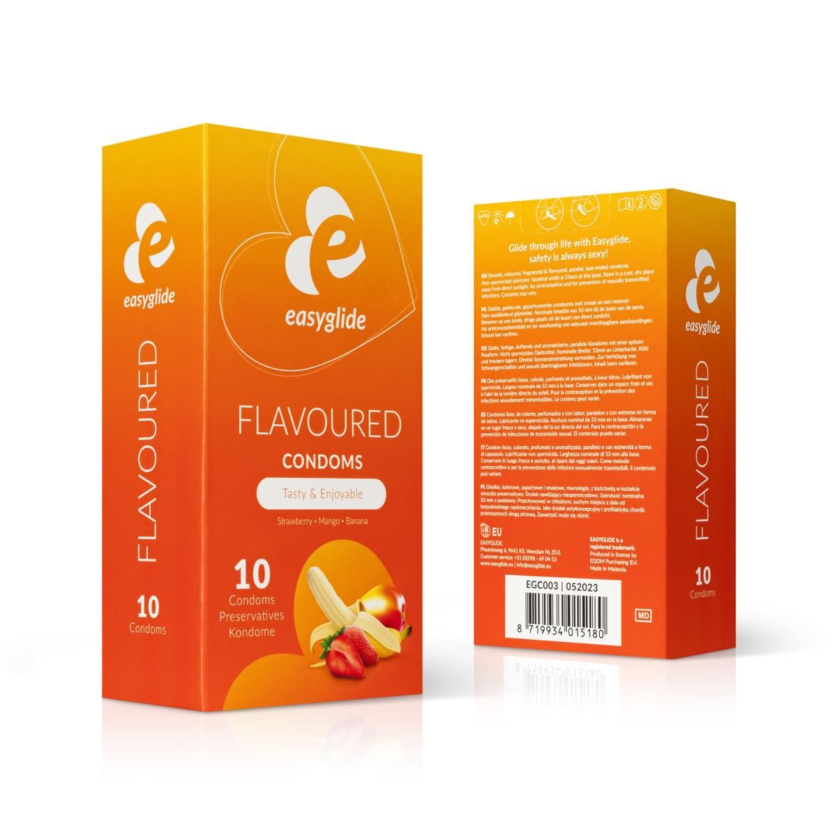 EasyGlide Flavoured Condoms verpakking, 10 stuks. Achterkant met productinformatie.