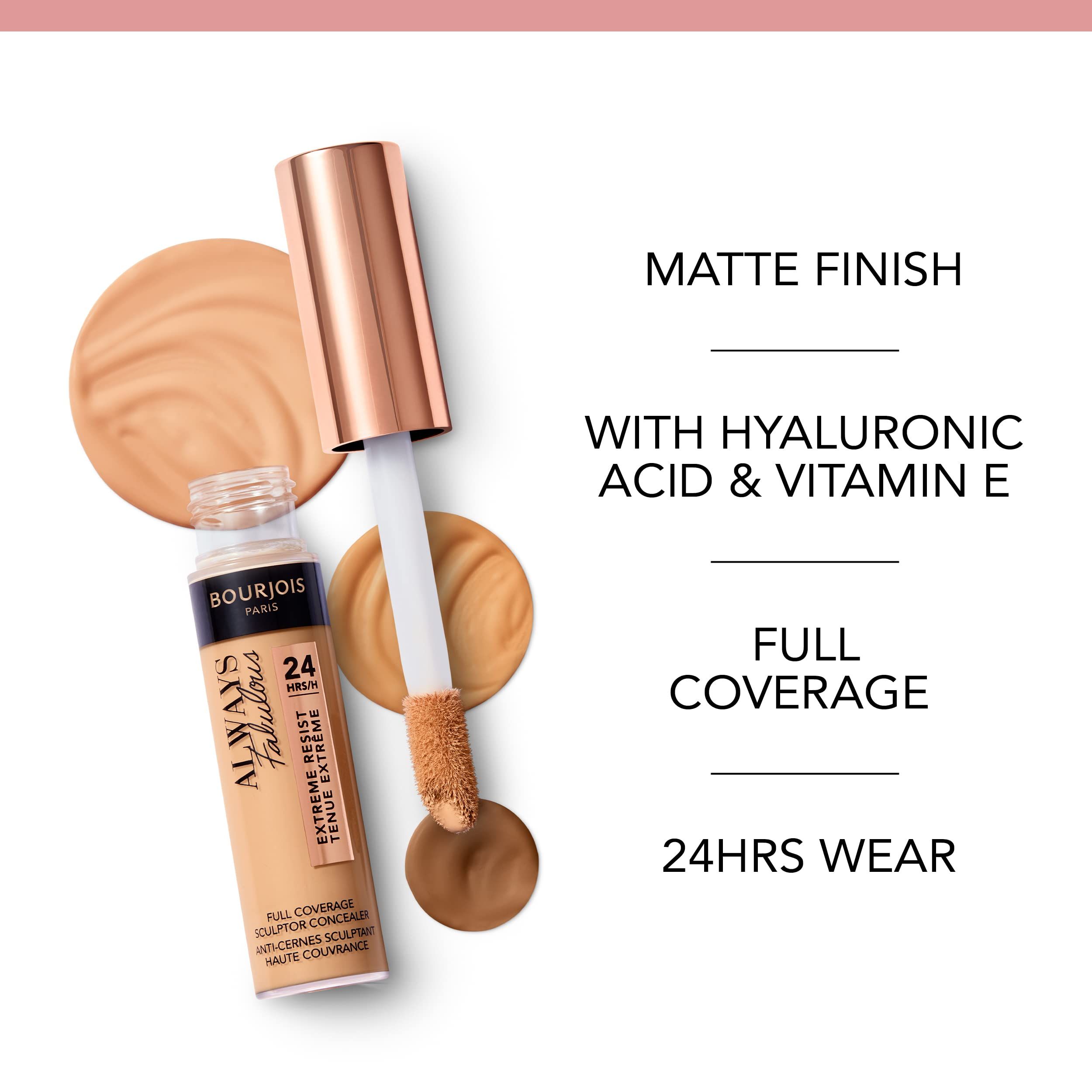 Flacon de correcteur, échantillons et texte. Teinte beige doré. Marque Bourjois. Texte : Always Fabulous, 24H, Extreme Resist.