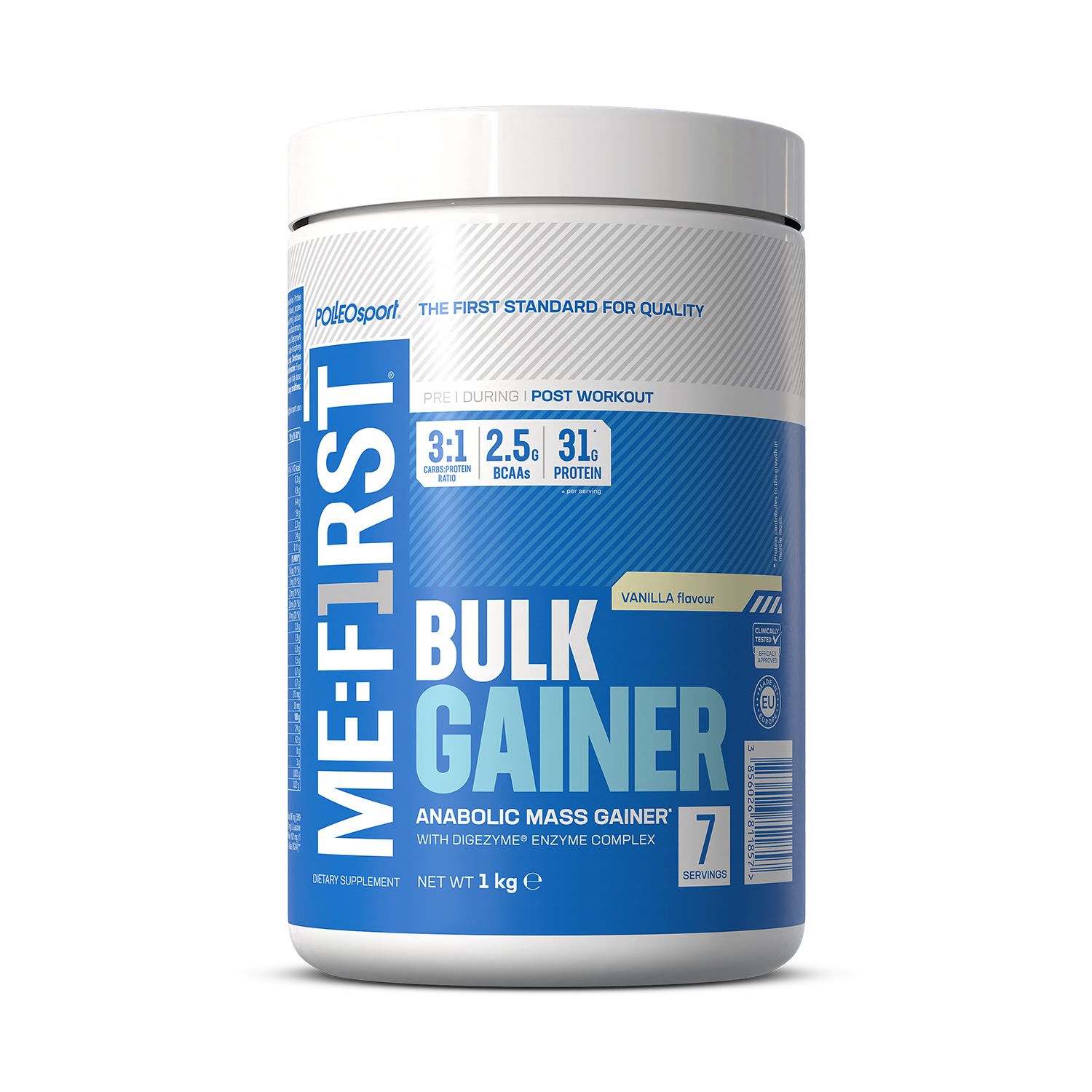 Pot cylindrique blanc et bleu. Inscription ME:FIRST BULK GAINER, saveur vanille. Contient 7 portions. Poids net 1 kg.