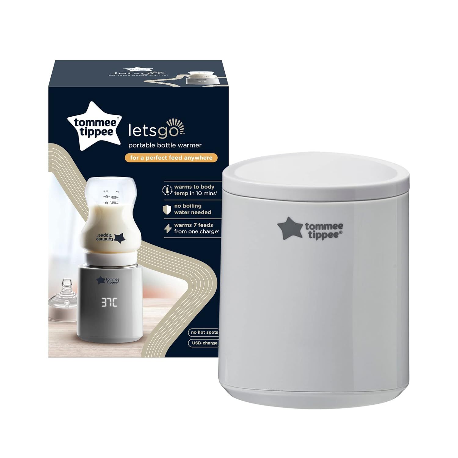 Chauffe-biberon portable et emballage. Boîtier blanc, emballage bleu. Texte : LetsGo, Tommee Tippee.