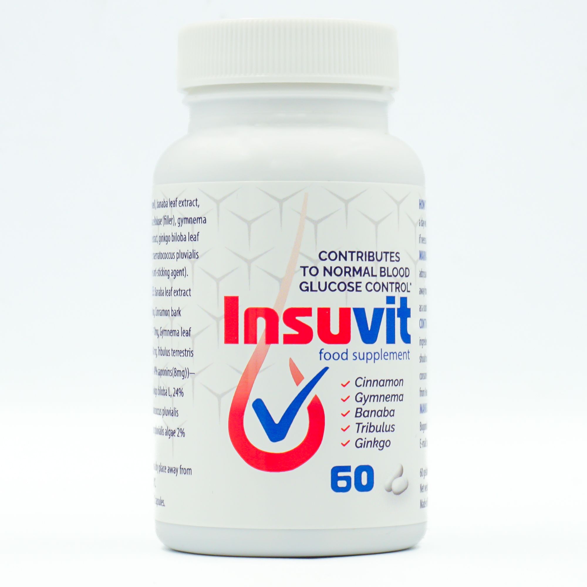 Flacon blanc de complément alimentaire Insuvit. Contient 60 gélules. Inscription : "CONTRIBUTES TO NORMAL BLOOD GLUCOSE CONTROL".