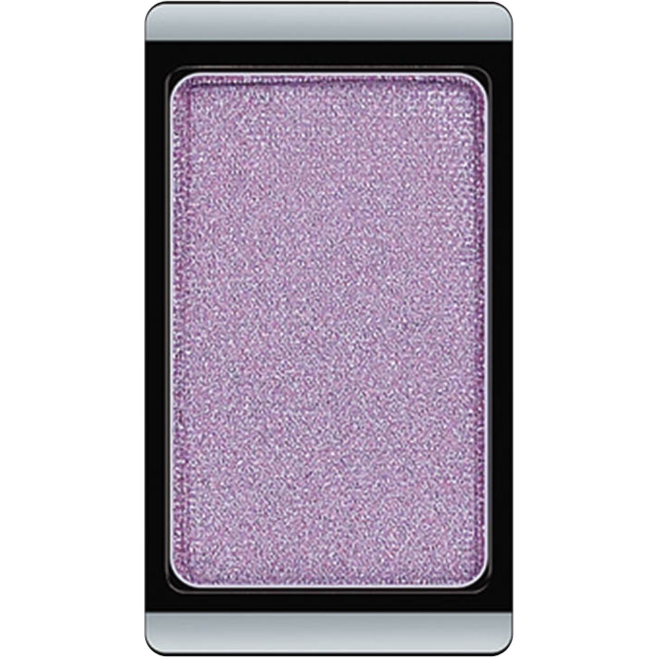 Fard à paupières rectangulaire. Teinte lilas avec surface scintillante. Cadre noir avec bordure argentée.