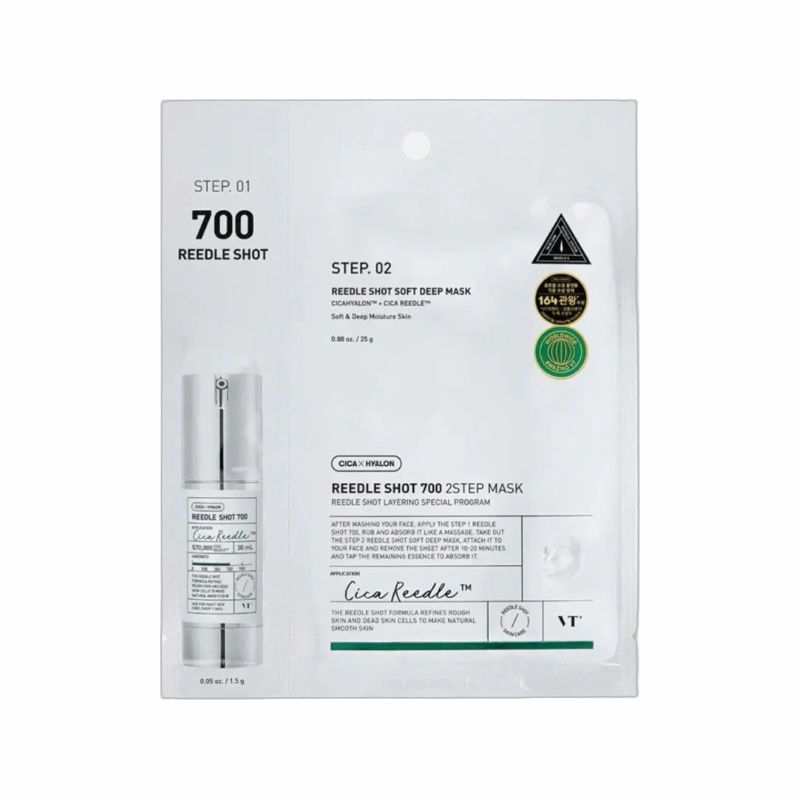Verpakking met VT COSMETICS 2-Step Mask. Bevat flesje en masker. Opschrift: 700 Reedle Shot, Cica Reedle.