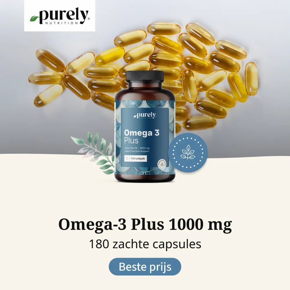 Fles Omega-3 Plus, omringd door gele capsules. Opschrift: Purely Nutrition, 180 zachte capsules. Tekst: Beste prijs.