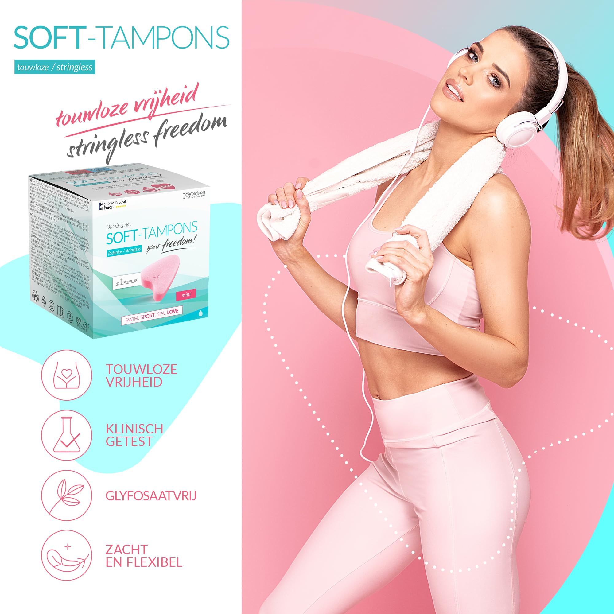 Verpakking Soft-Tampons mini met productafbeelding en tekst.