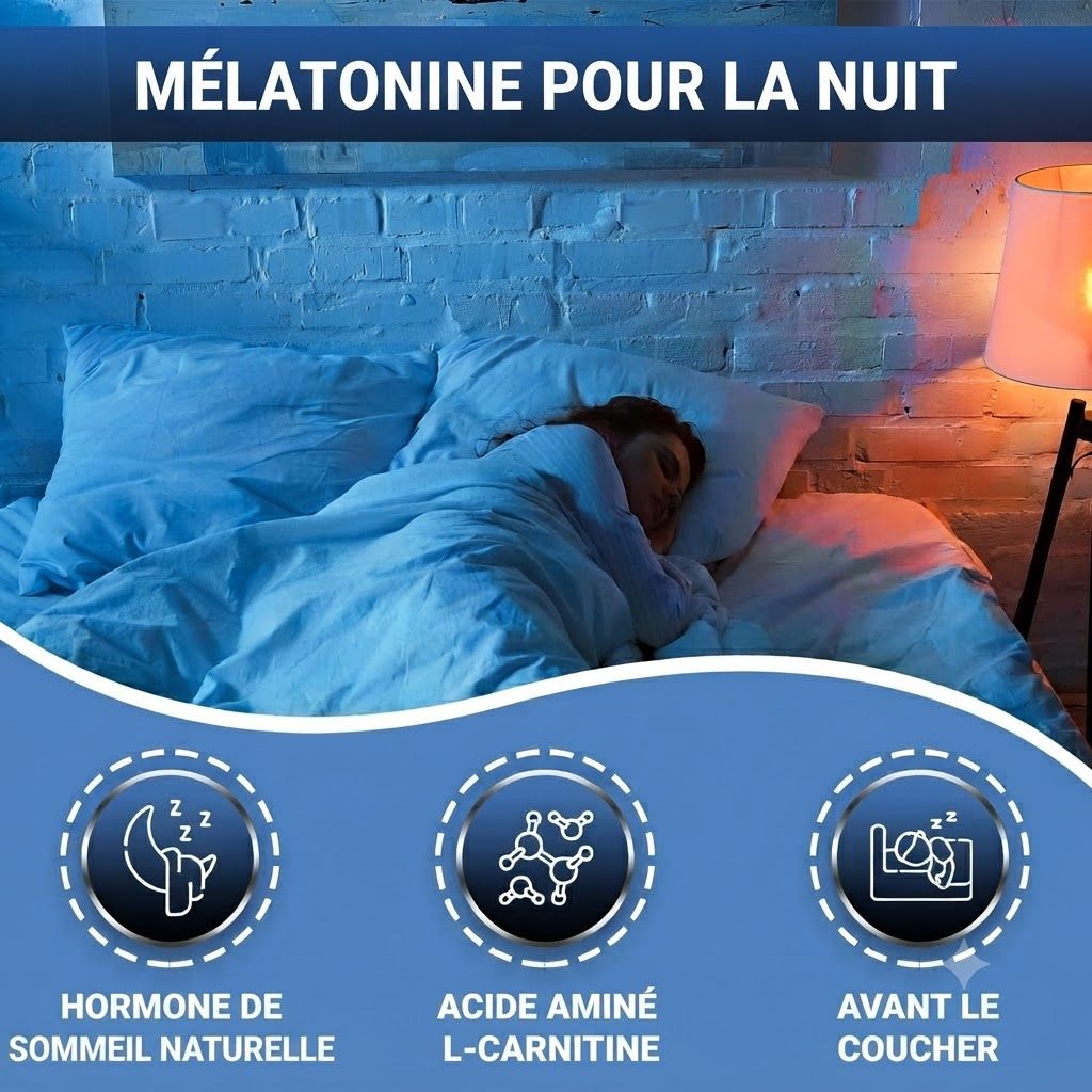 Une personne dort dans un lit sous une couverture. En haut, "Mélatonine pour la nuit". En bas, icônes pour "Hormone du sommeil naturelle", "Acide aminé L-Carnitine" et "Avant le coucher".