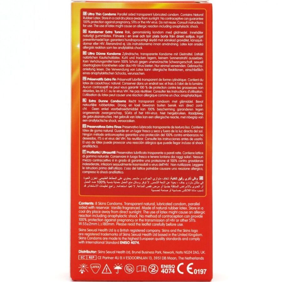 Dos de l'emballage avec informations produit. Contient du texte en plusieurs langues. Fond orange.