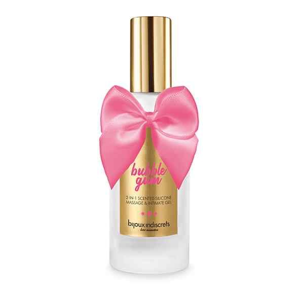 Siliconen gel fles met roze strik en gouden dop.