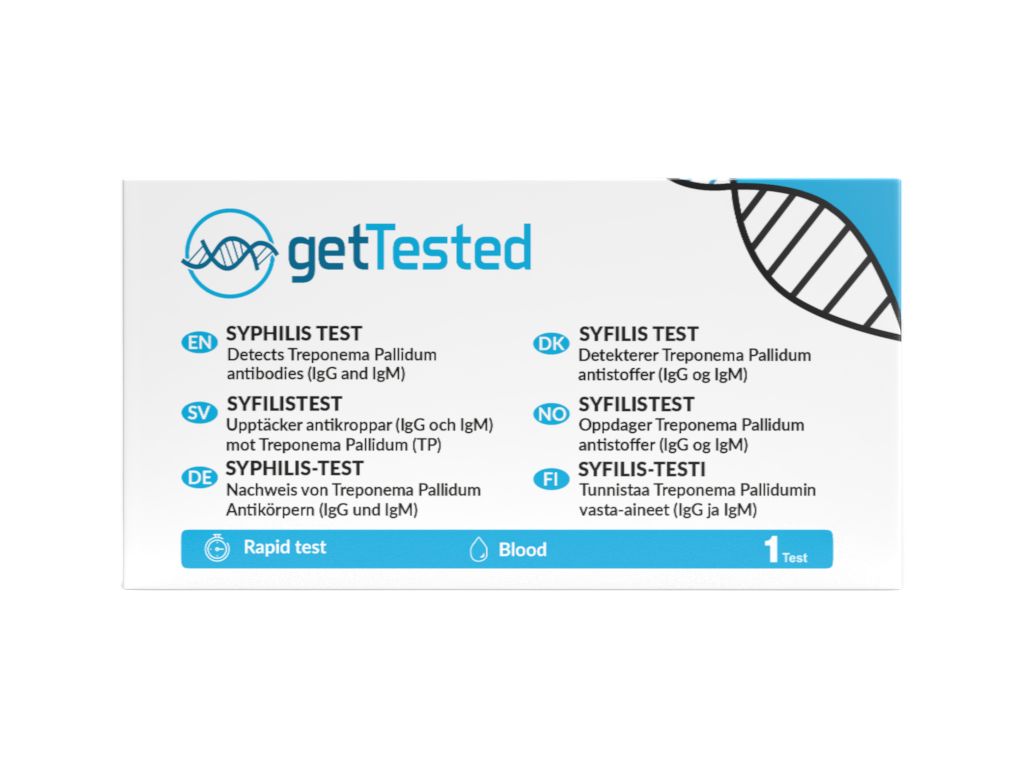 Doos met opschrift 'getTested' en 'SYPHILIS TEST' in meerdere talen. Bevat een test.