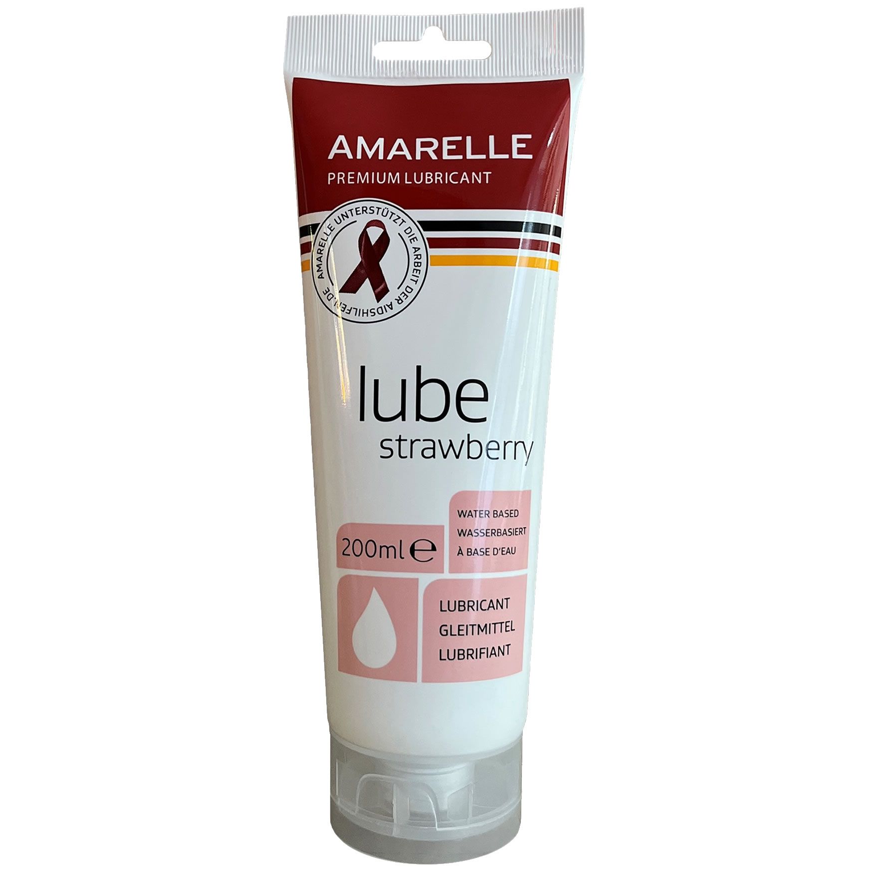 Tube blanche et rouge avec nom et logo du produit. Texte: Lube Strawberry, 200ml, à base d'eau. Avec logo de certification.