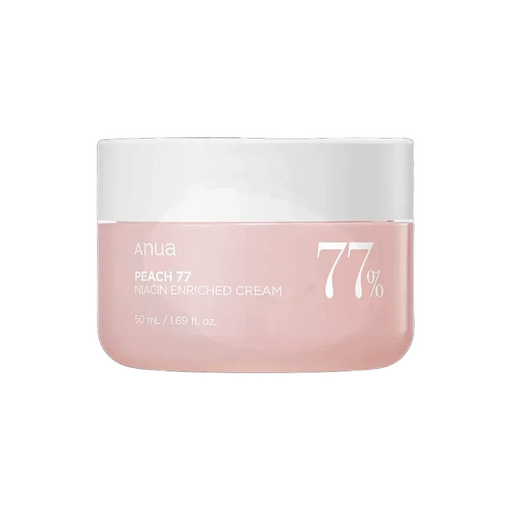 ANUA Peach 77 Niacin Enriched Cream in een zachtroze pot met wit deksel.