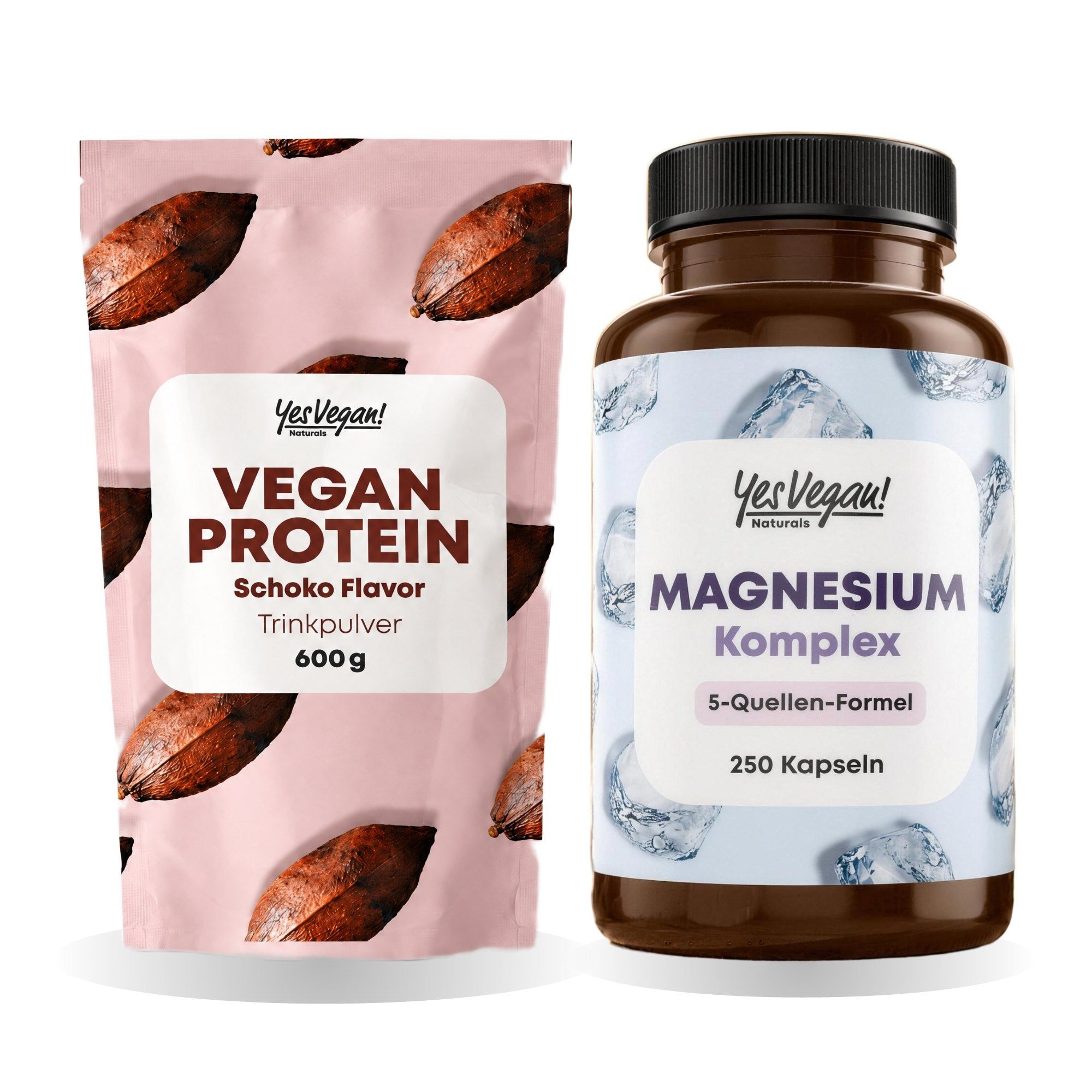 Een pak veganistisch chocolade eiwitpoeder (600g) en een fles Magnesium Complex (250 capsules).