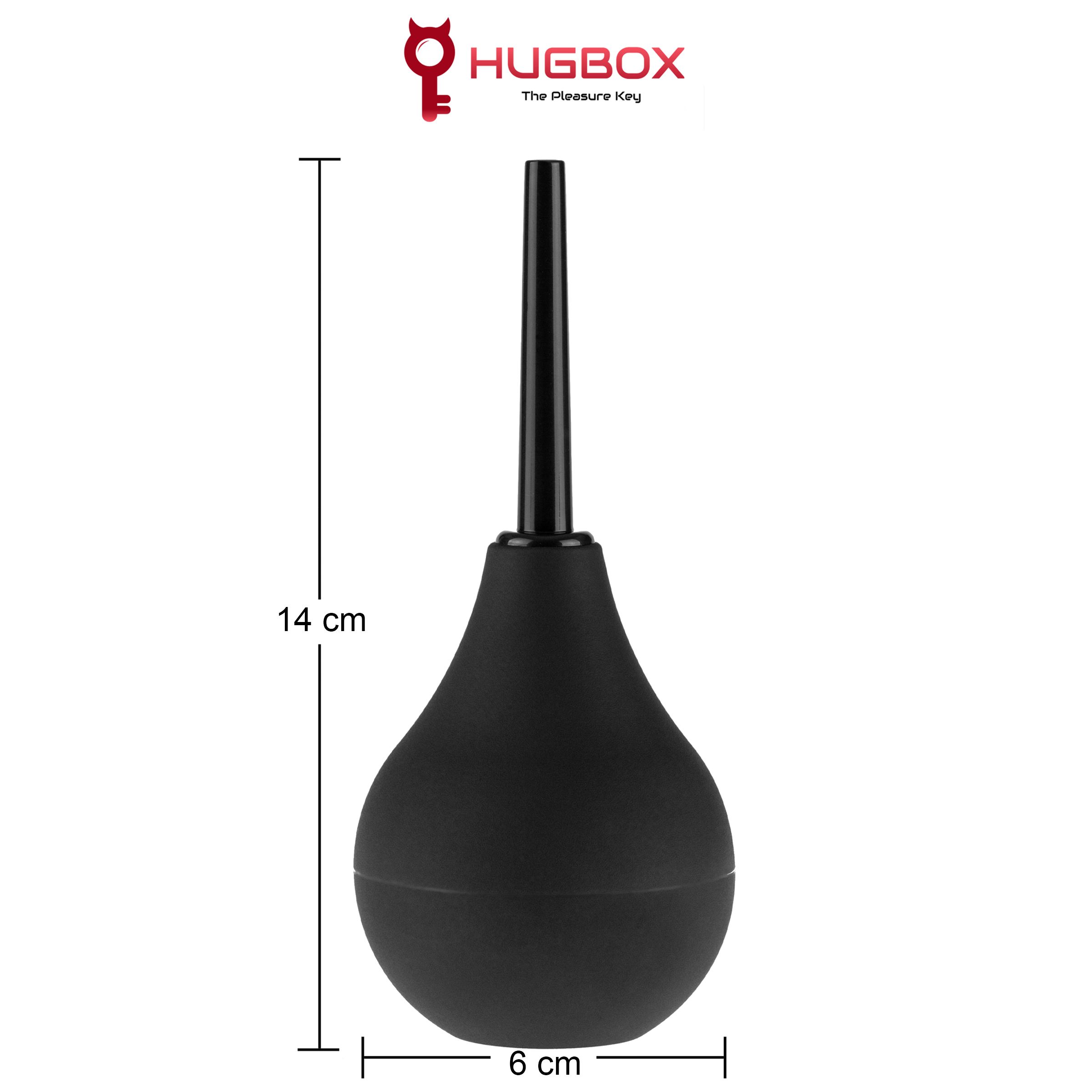 Zwarte irrigator, 14 cm hoog, 6 cm breed. HUGBOX-logo. Conische opzet. Bolvorm met glad oppervlak.