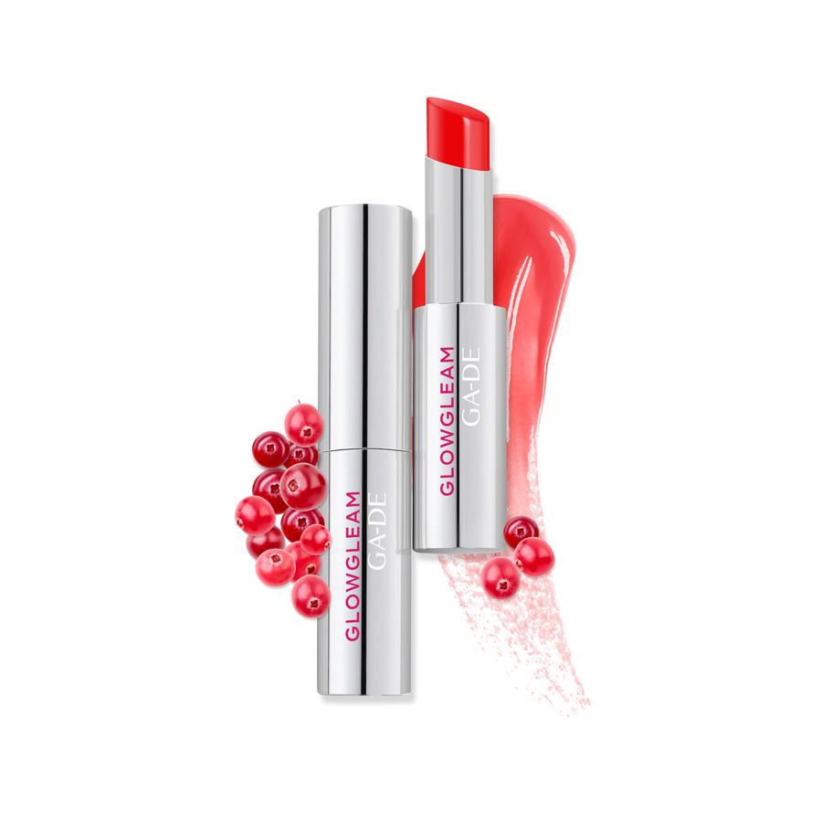 Rode lipstick met zilveren huls. Opschrift: GLOWGLEAM, GA-DE. Rode bessen ernaast.