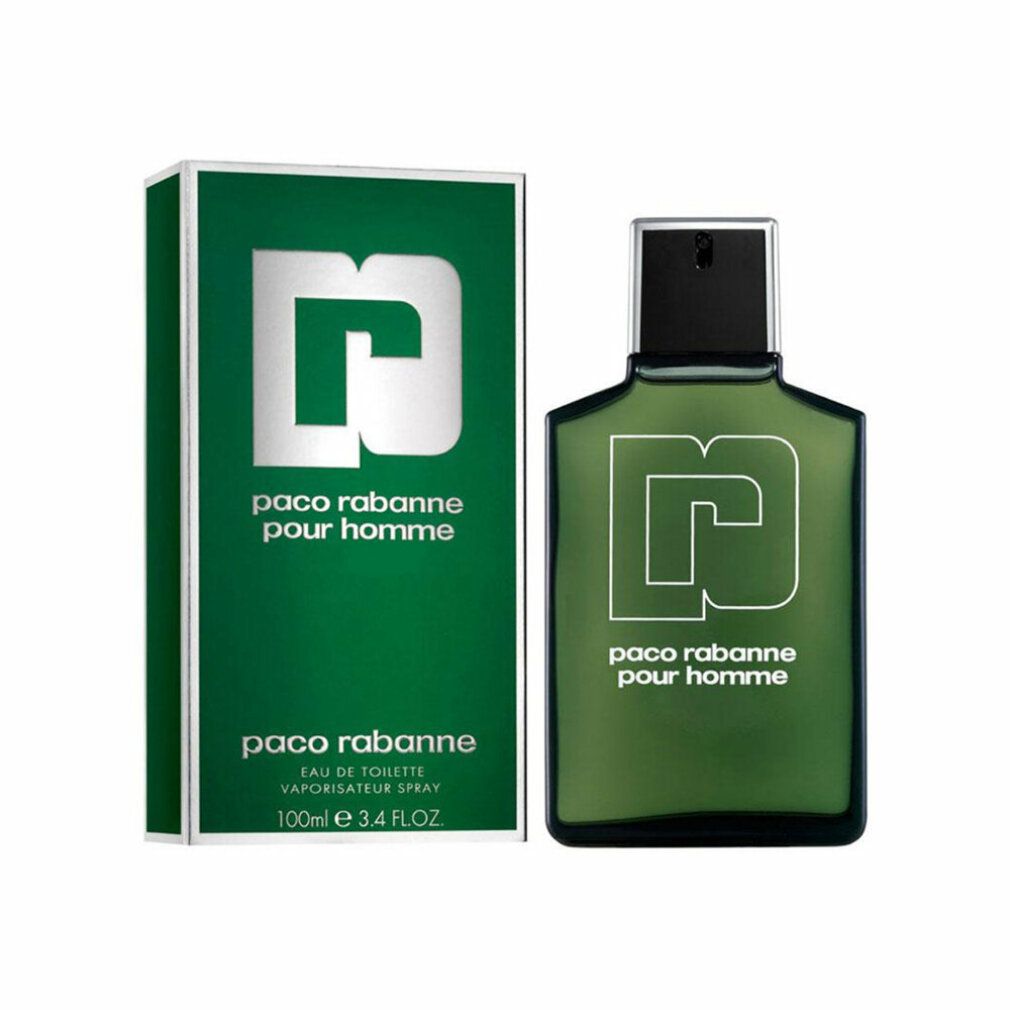 Flacon et boîte verts avec logo et texte blancs. Le flacon porte l'inscription "paco rabanne pour homme".