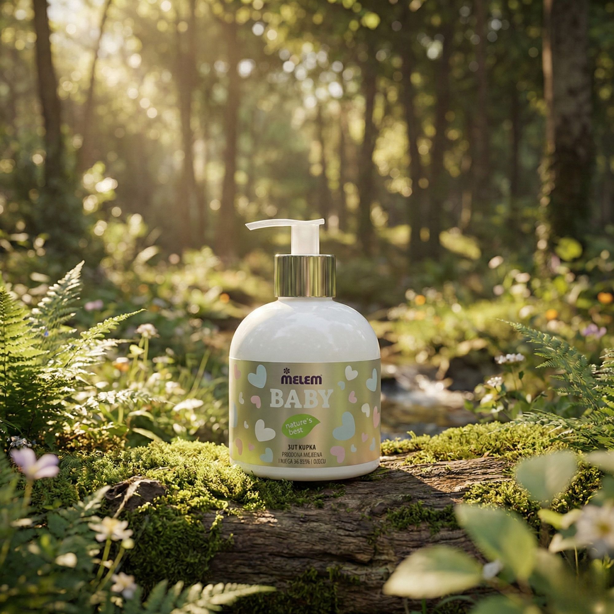 Witte fles met pomp, etiket met BABY. Staat op een met mos bedekte boomstam in een bosrijke omgeving.