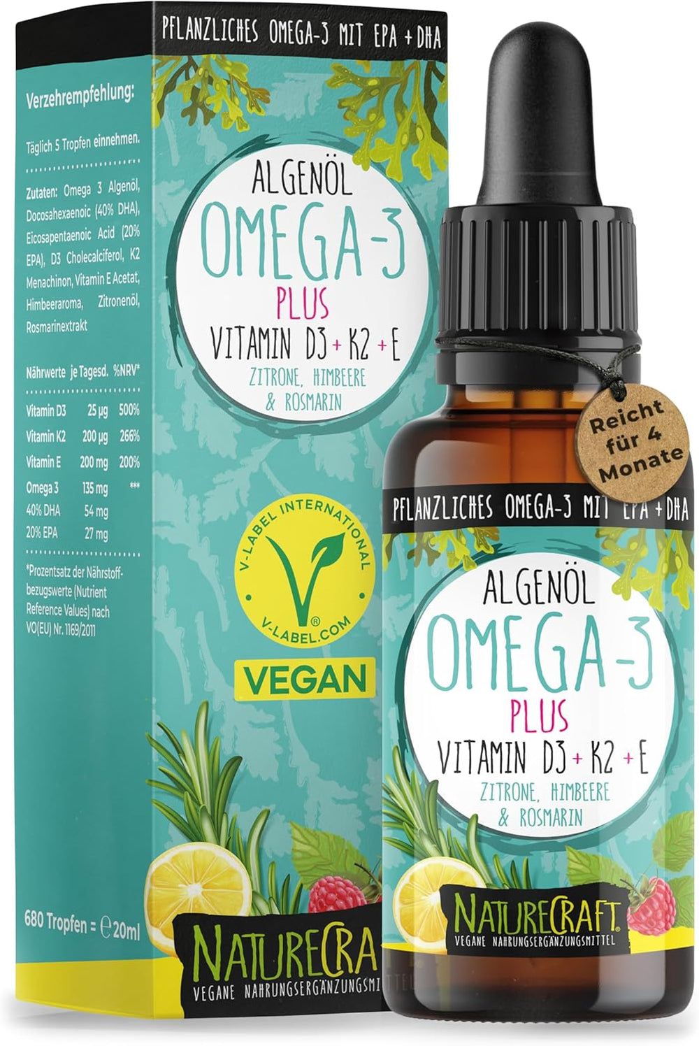 Flacon en verre brun avec compte-gouttes et étiquette. L'étiquette indique : Huile d'algues Oméga-3 Plus, Vitamine D3 + K2 + E. Label Vegan.