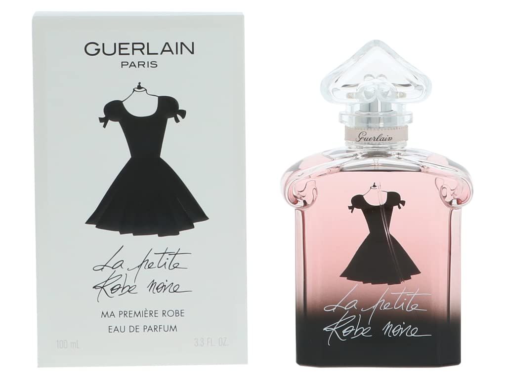 Flacon et emballage. Robe noire sur fond rose-noir. Inscription La petite Robe noire. Guerlain Paris.