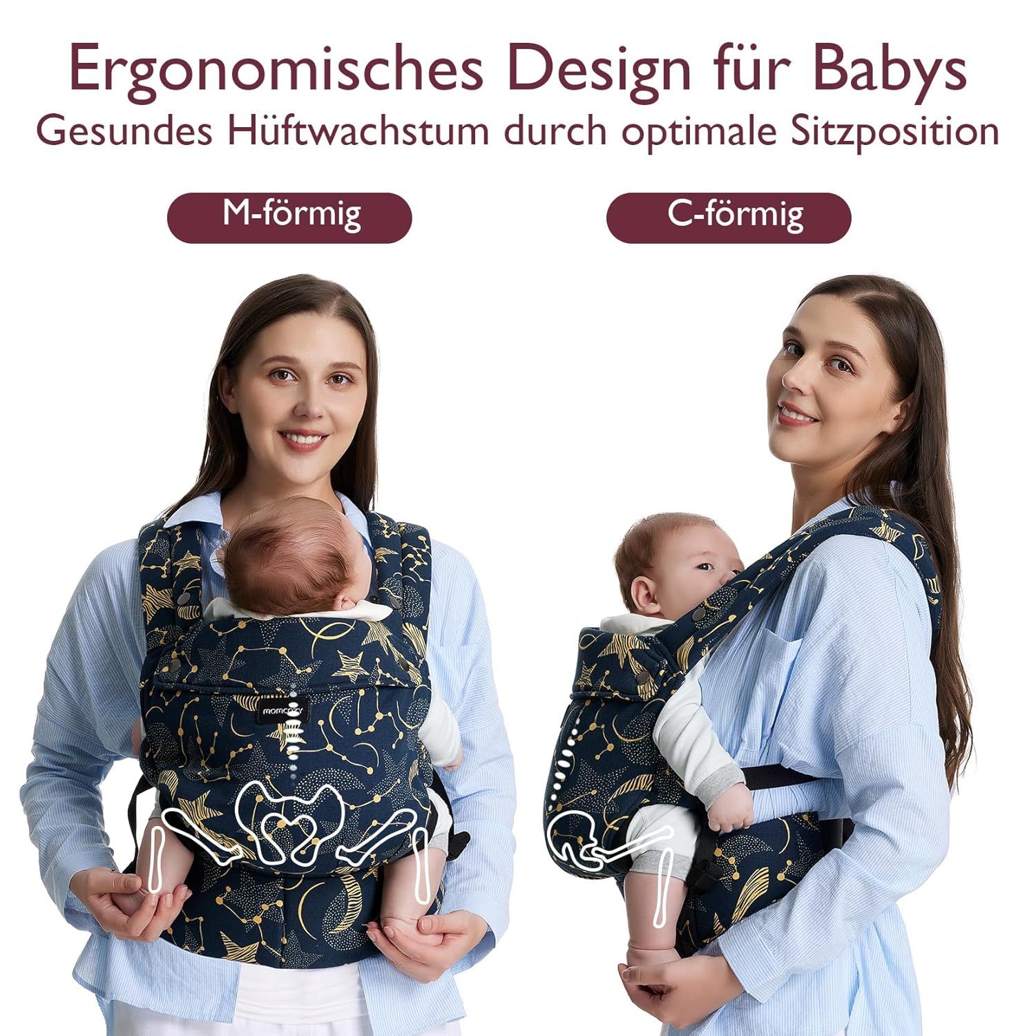 Design ergonomique pour bébés : position assise en forme de M vs. en forme de C dans le porte-bébé.