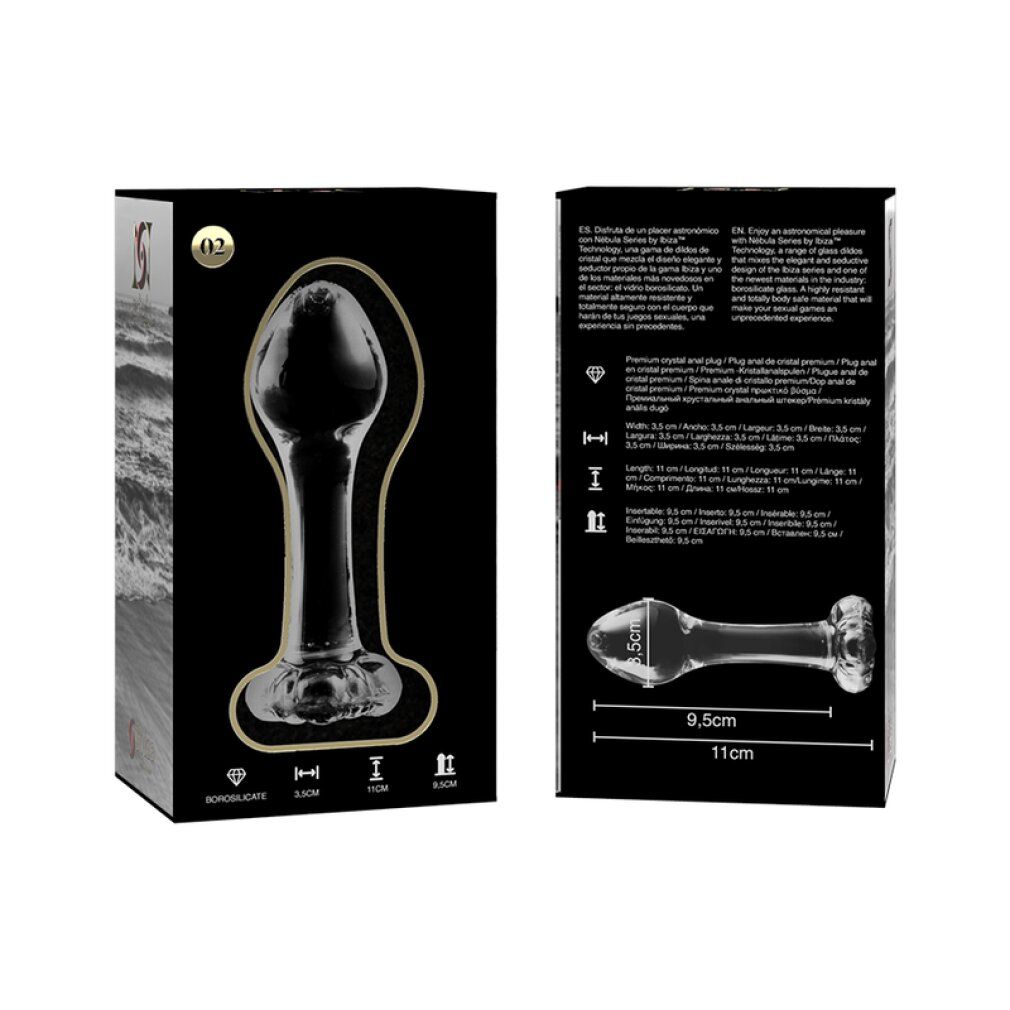 Emballage et plug anal en verre transparent, dimensions: 11cm longueur, 3,5cm largeur.
