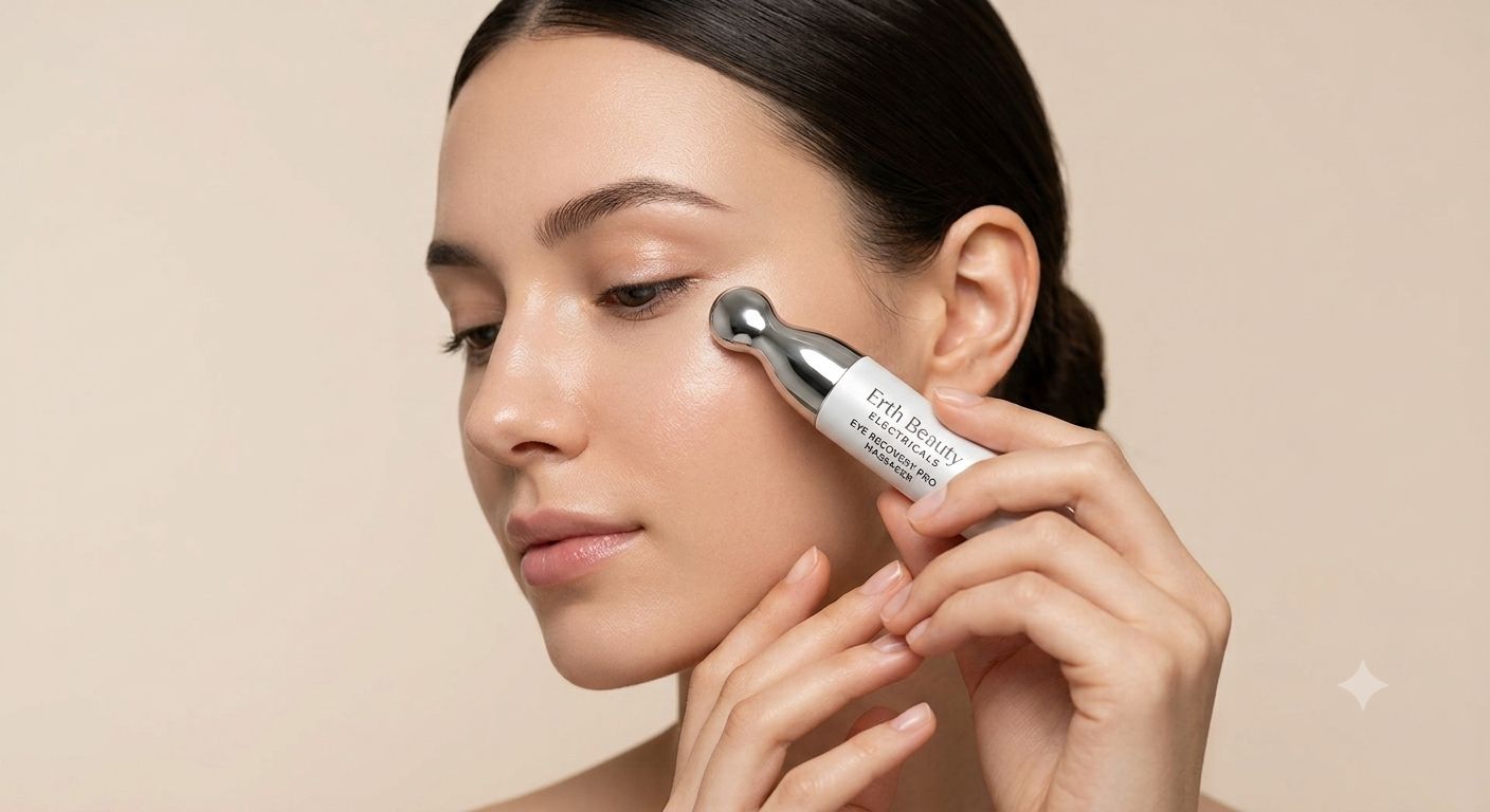 Een vrouw gebruikt een zilveren oogmassager bij haar oog. Het apparaat heeft een witte handgreep met een label.