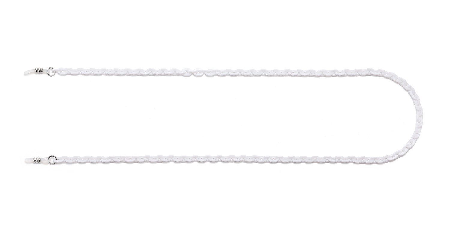Cordon à lunettes blanc. Maillons de chaîne avec extrémités métalliques. Sur fond blanc.