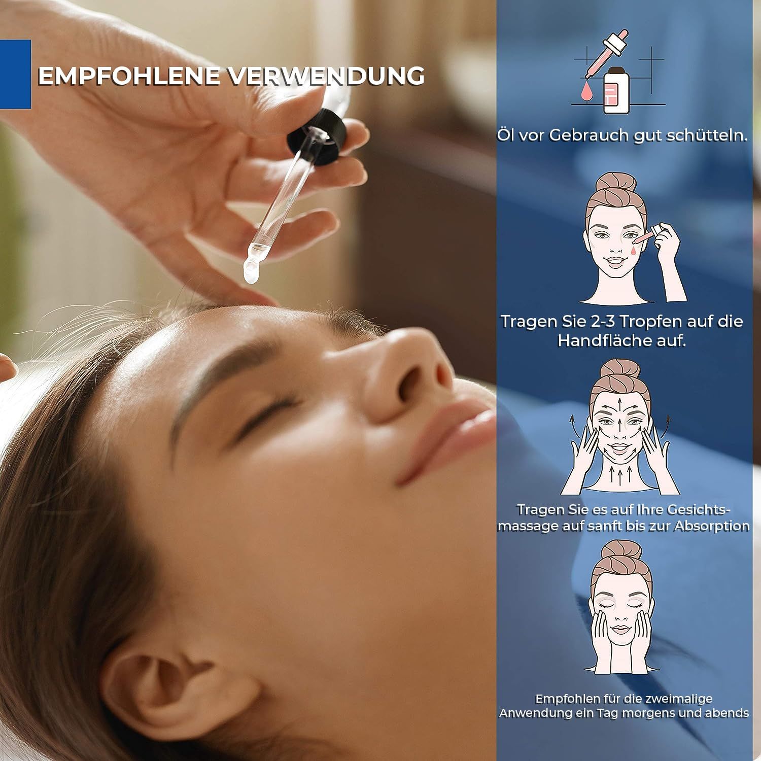 Vrouw ontvangt retinol serum met druppelaar. Instructies: Schudden voor gebruik, 2-3 druppels op de handpalm aanbrengen, zachtjes masseren, tweemaal daags gebruiken.
