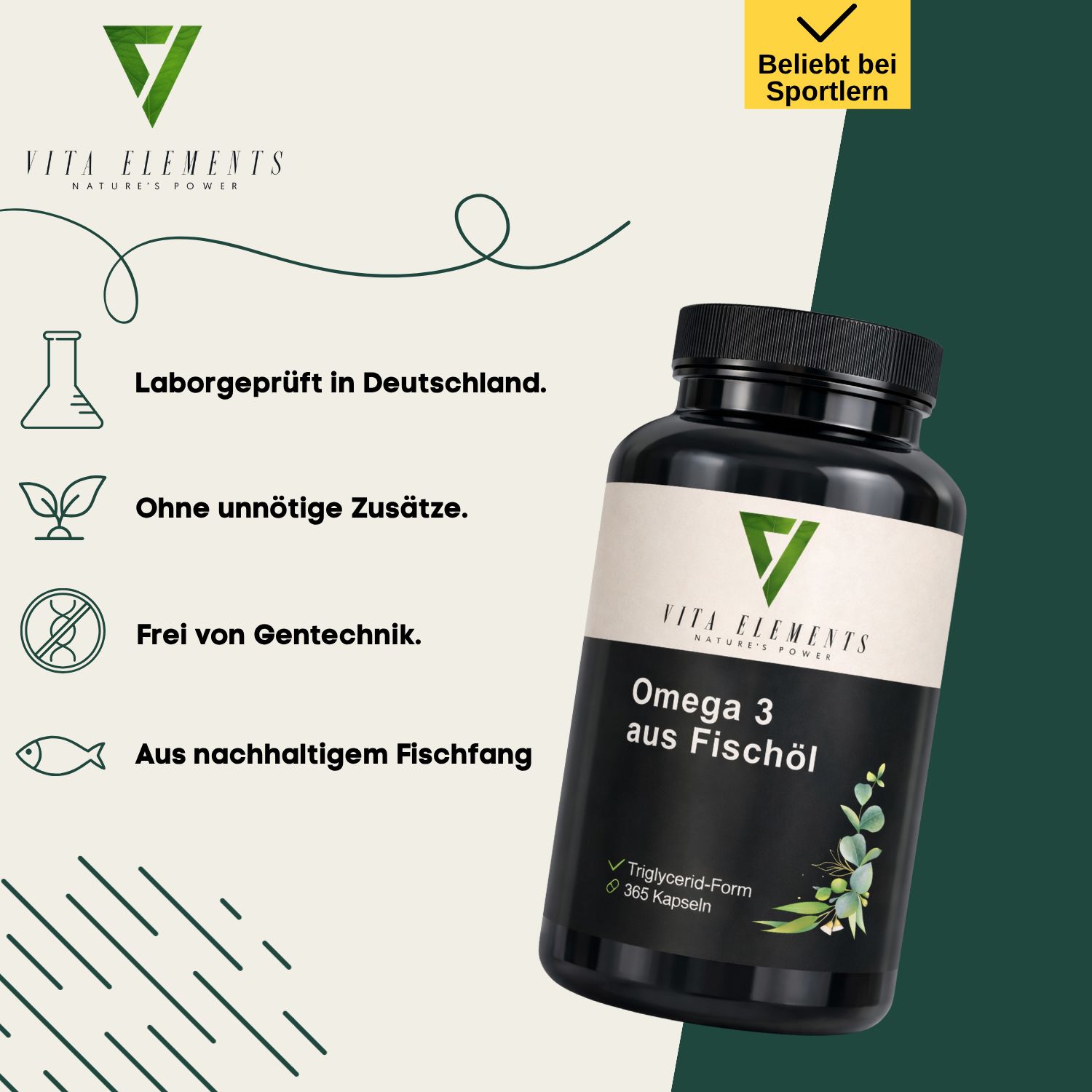 Vita Elements Omega 3: laboratorium getest, zonder toevoegingen, GGO-vrij, uit duurzame visserij.