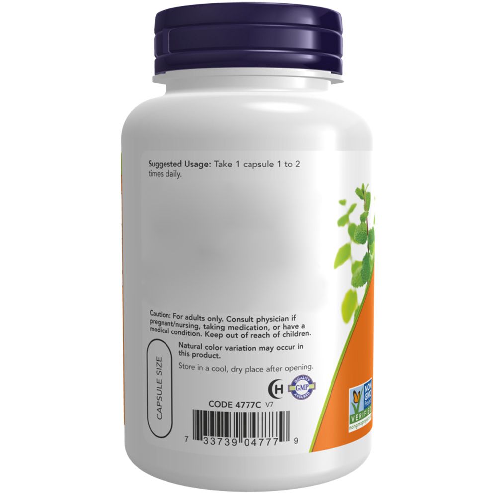Achterkant van de fles. Etiket met gebruiksaanwijzing: 1-2 capsules per dag. Waarschuwingen. Barcode en certificeringen.