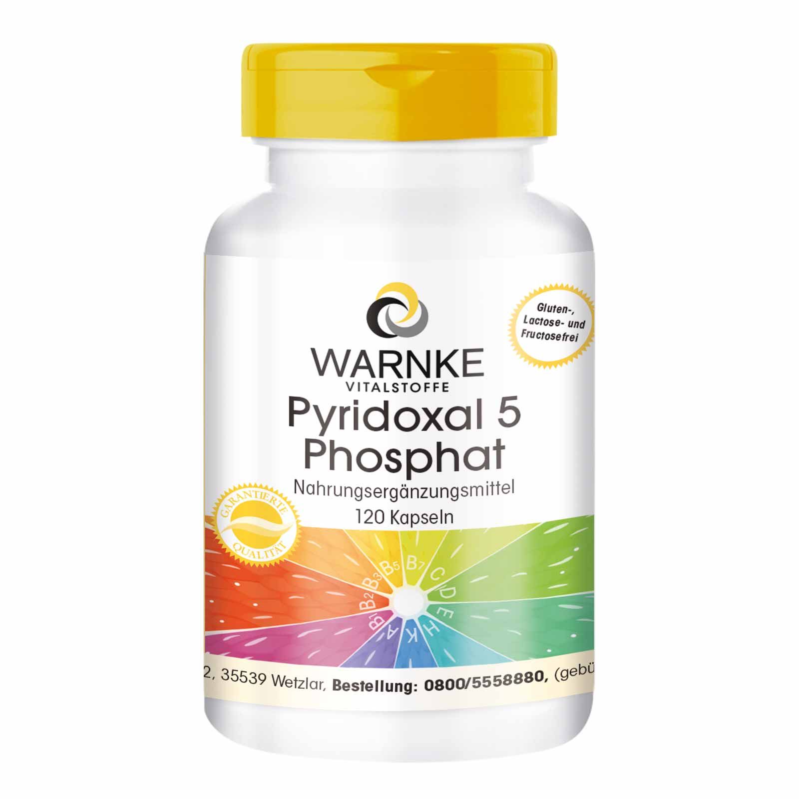 Witte fles met gele dop. Opschrift: Warnke Vitalstoffe, Pyridoxal 5 Phosphat, 120 capsules. Glutenvrij, lactosevrij en fructosevrij.