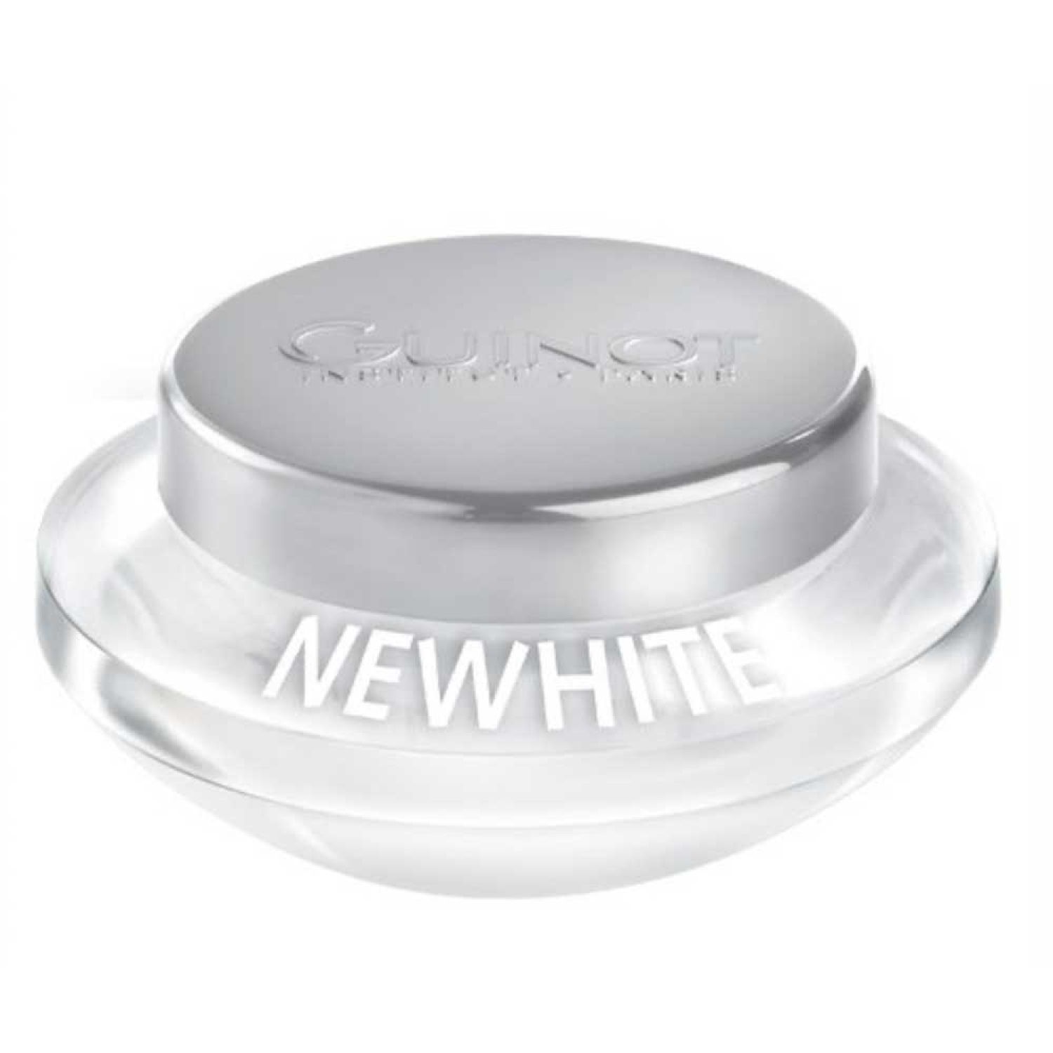 Glazen crème pot met zilveren deksel. "GUINOT" op de deksel. "NEWWHITE" eronder.