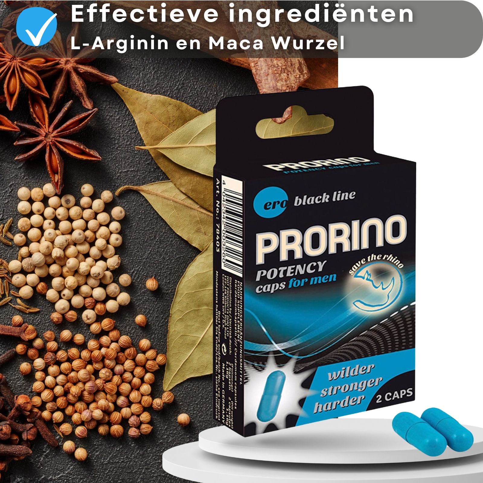 Verpakking en blauwe capsules. Tekst: Prorino, Potency caps for men, 2 caps. Ingrediënten op de achtergrond.