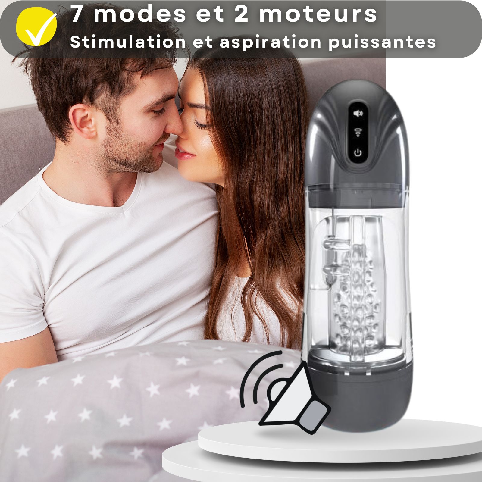 Produit avec texte: 7 modes, 2 moteurs, forte stimulation. Couple en arrière-plan, produit avec écouteurs.