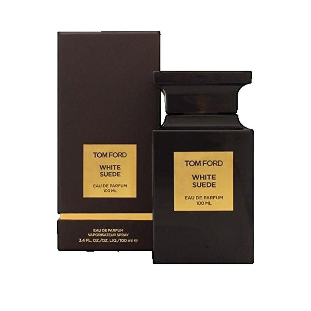 Flacon et boîte noirs Tom Ford White Suede Parfum. Étiquettes dorées avec nom du produit. 100 ml.