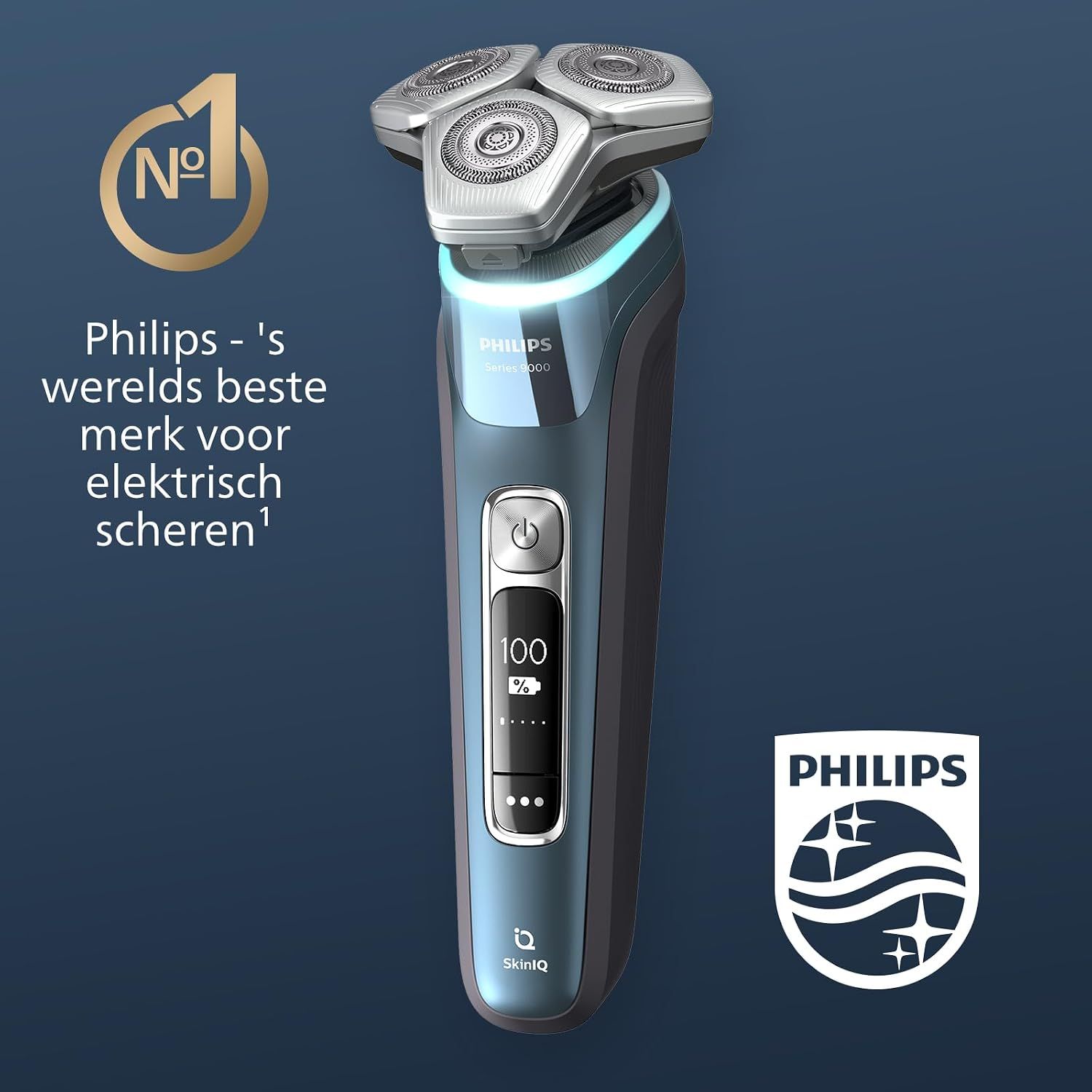 Elektrische Philips scheerapparaat met drie roterende scheerkoppen en digitaal display.