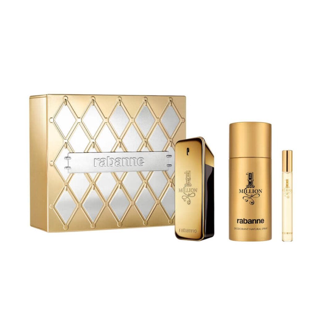 Coffret cadeau doré Rabanne 1 Million avec boîte à motif losanges : eau de toilette, déodorant et flacon de voyage.
