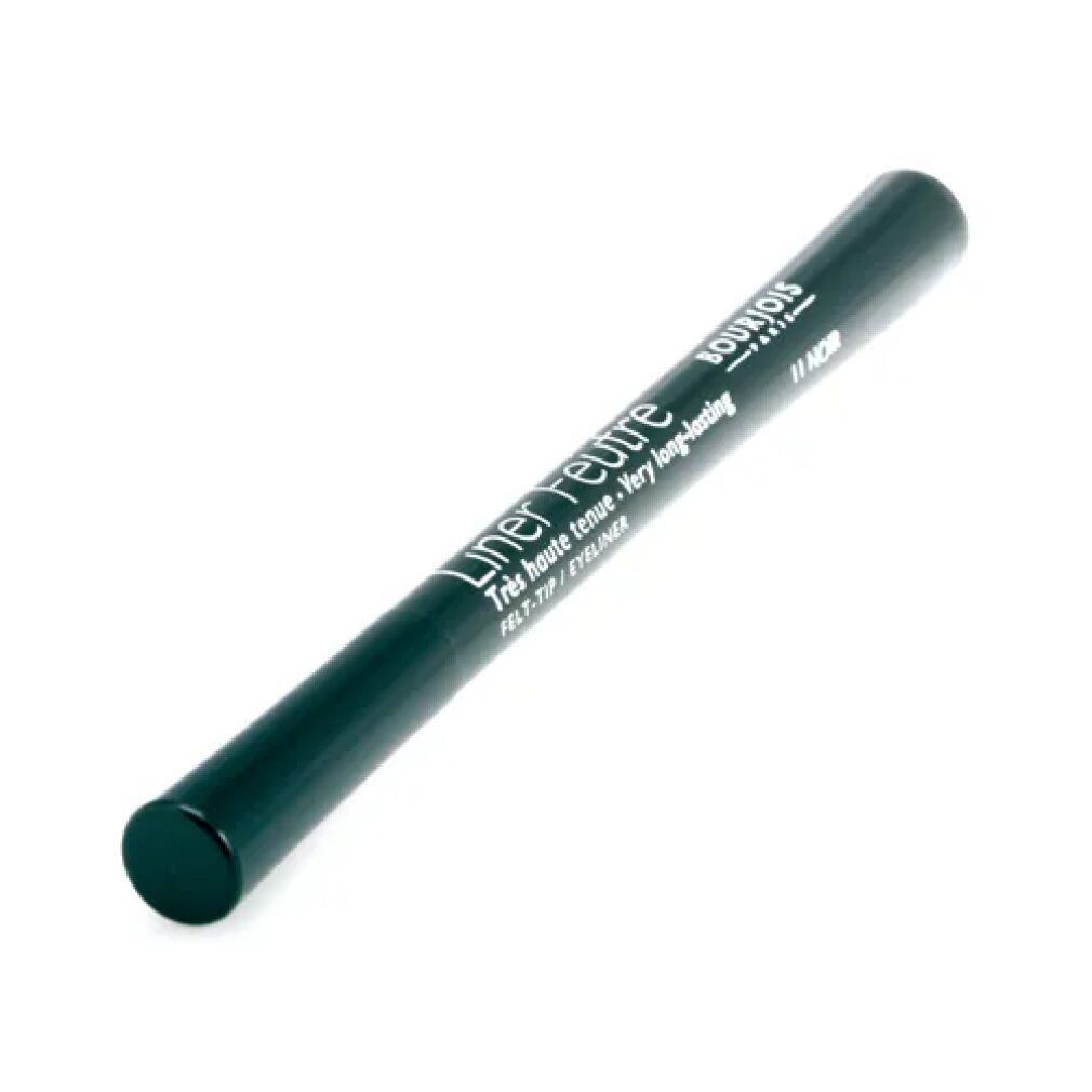 Zwarte Bourjois Liner Feutre eyeliner. Groenachtige huls, zwarte punt. Tekst: Liner Feutre, Très haute tenue, Very long-lasting, #11 Noir.